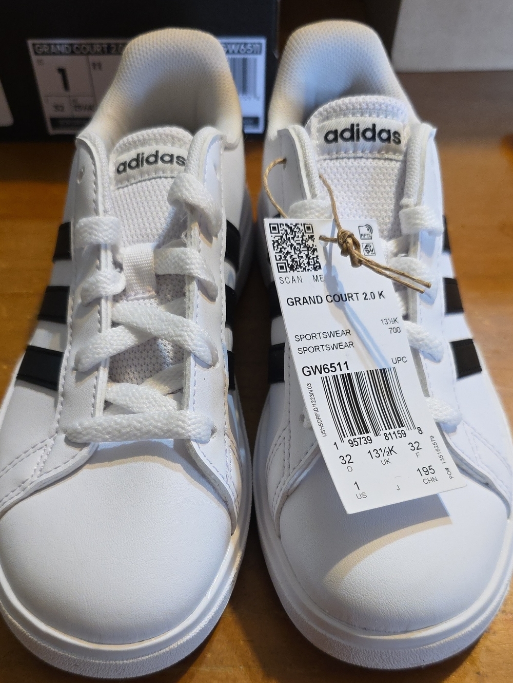 adidas Kids Grand Court 2.0 White Sneakers with Black Stripes